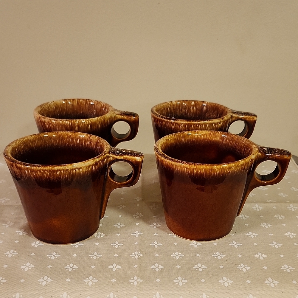 Vintage Hull Pottery Brown Drip Glaze Coffee Mugs Set